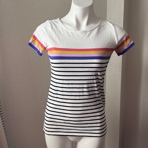 Boden Striped T Shirt Size 2 Short Sleeve Cotton Basic White Navy A18